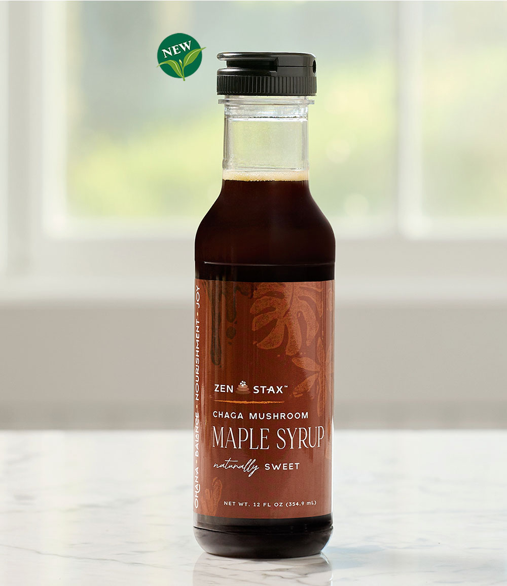 Chaga Mushroom Maple Syrup on marble surface
