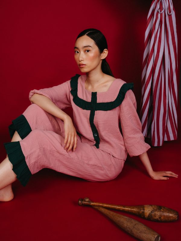 Cropped Cotton Pyjamas in Pink Ruffle