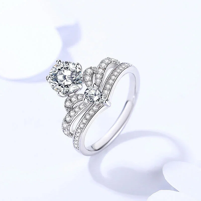 Classic Crown Engagement Ring Round Cut Sterling Silver