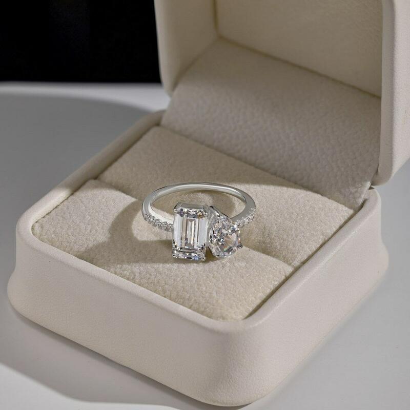 Toi et Moi Radiant and Pear Cut Sterling Silver Engagement Ring