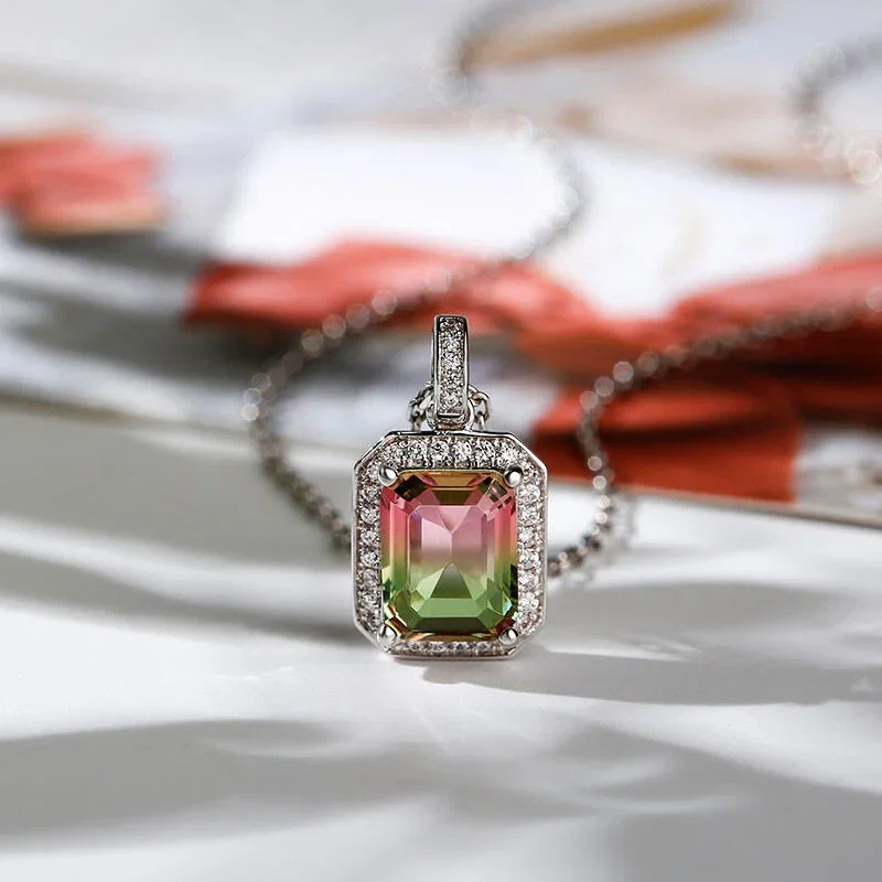  "One of a Kind" Emerald Cut Sterling Silver Watermelon Necklace