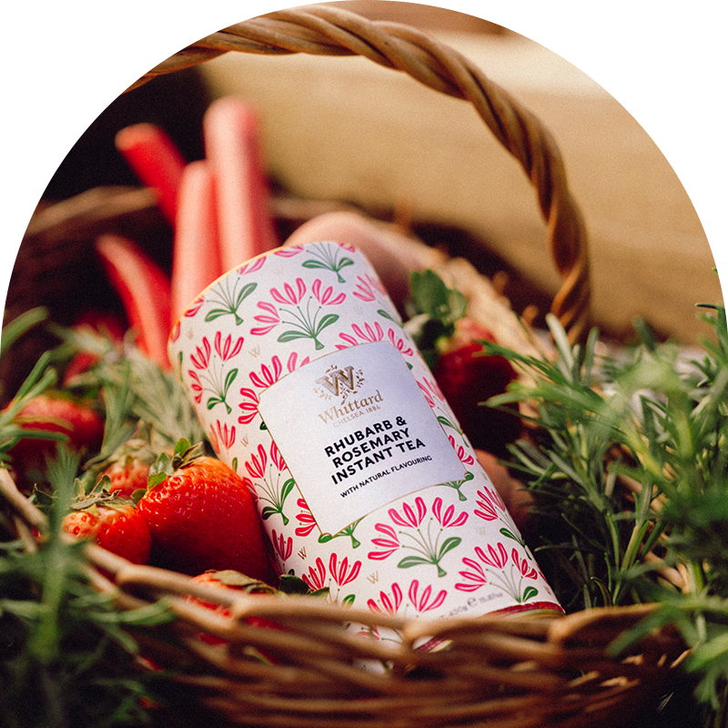 image of rhubarb instant tea in basket with rhubarb 