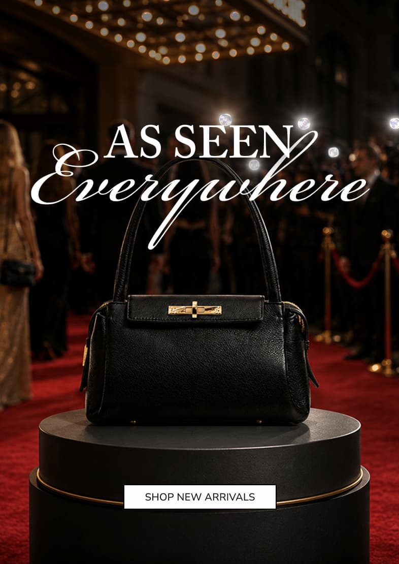 As Seen Everywhere. CTA: Shop New Arrivals. Image of charlotte med in black gold on red carpet. 