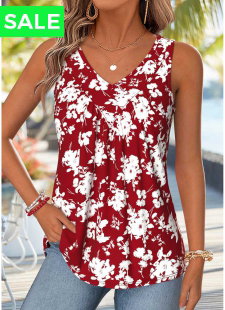 Red Floral Print Patchwork Sleeveless V Neck Tank Top