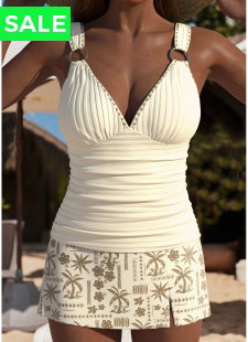 Ruched Mid Waisted Tropical Plants Print Beige Tankini Set