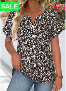 Black Ditsy Floral Print Tummy Coverage Short Sleeve Blouse