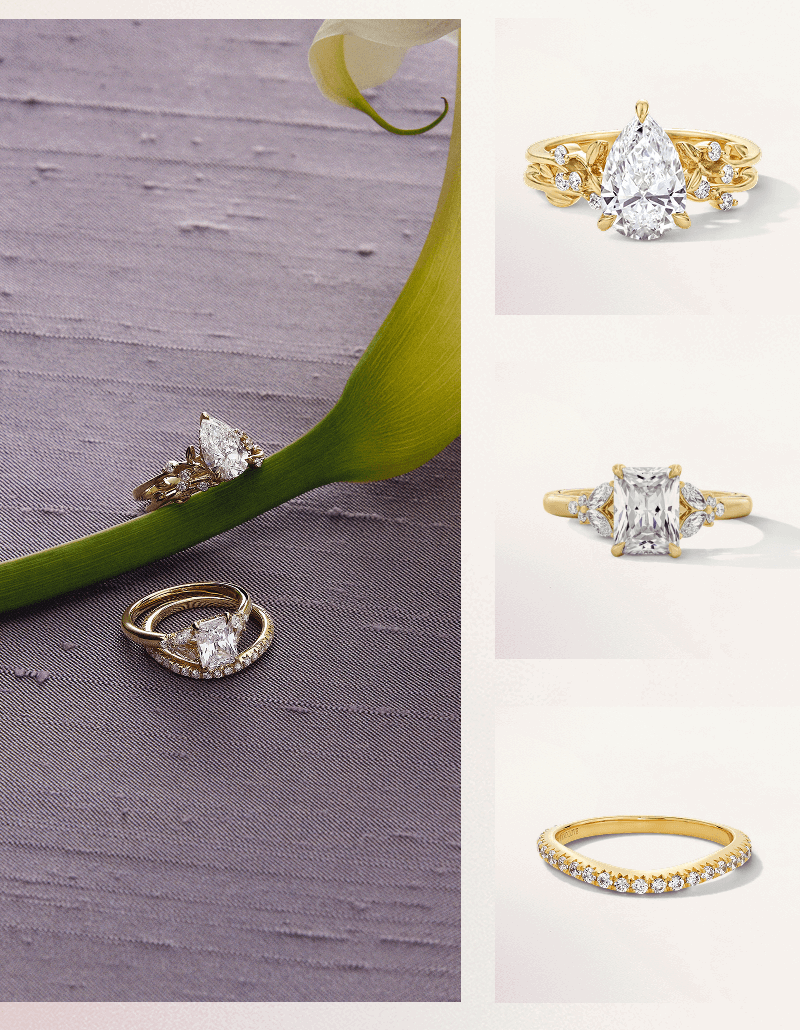 Images of a white calla lily flower & diverse gold & diamond emerald, pear-shaped rings & eternity band.