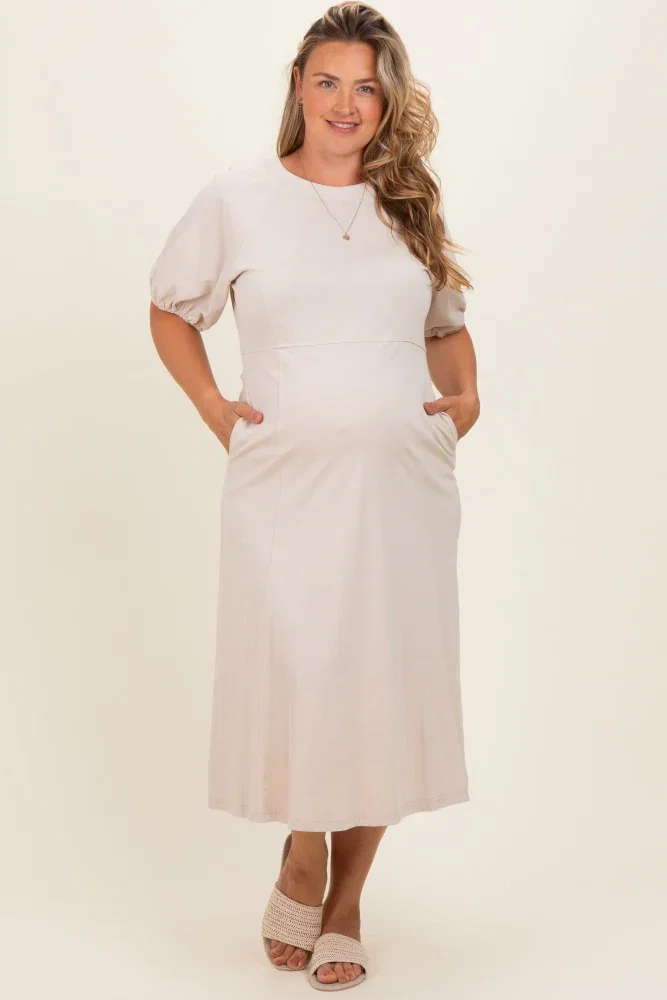 Image of Beige Puff Sleeve Maternity Plus Midi Dress