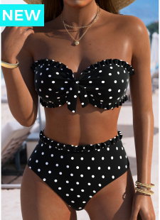 Mid Waisted Polka Dot Black Bikini Set
