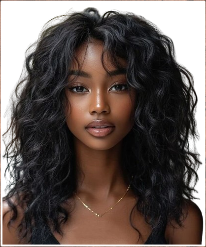 IDefinewig Glueless Beach Curly Wigs With Bangs Lace Front Human Hair Wigs
