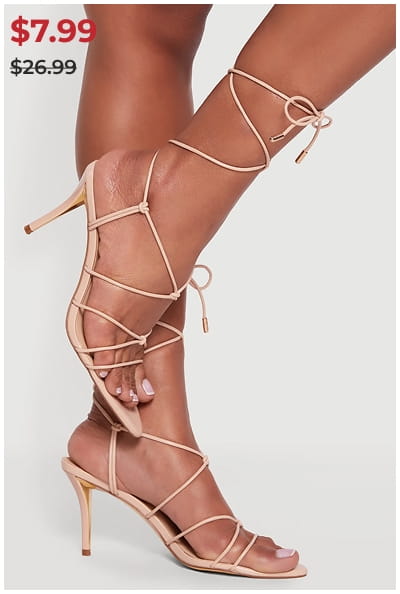 Shop Faux Leather Strappy Lace Up Heels