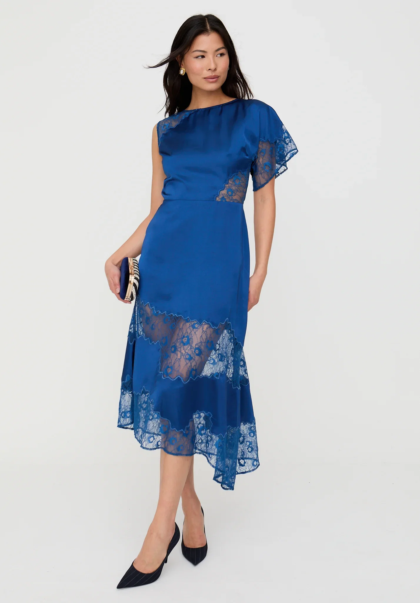 Image of Selma Lace Insert Midi Dress In Blue