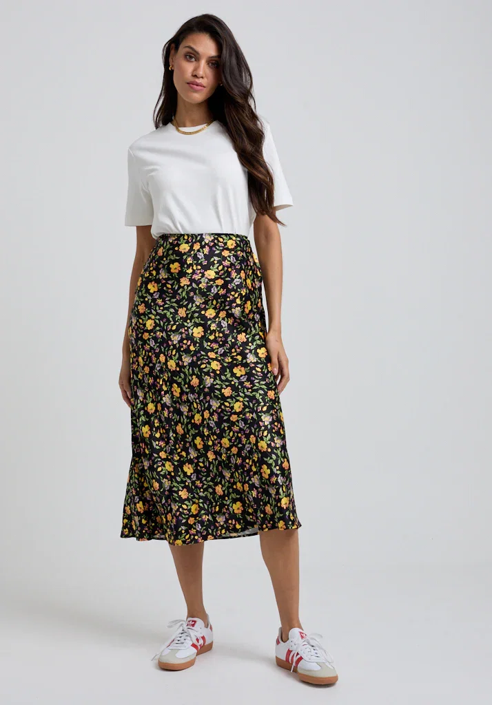 Image of Poppy Bias Cut Floral Print Midi Skirt In Multi