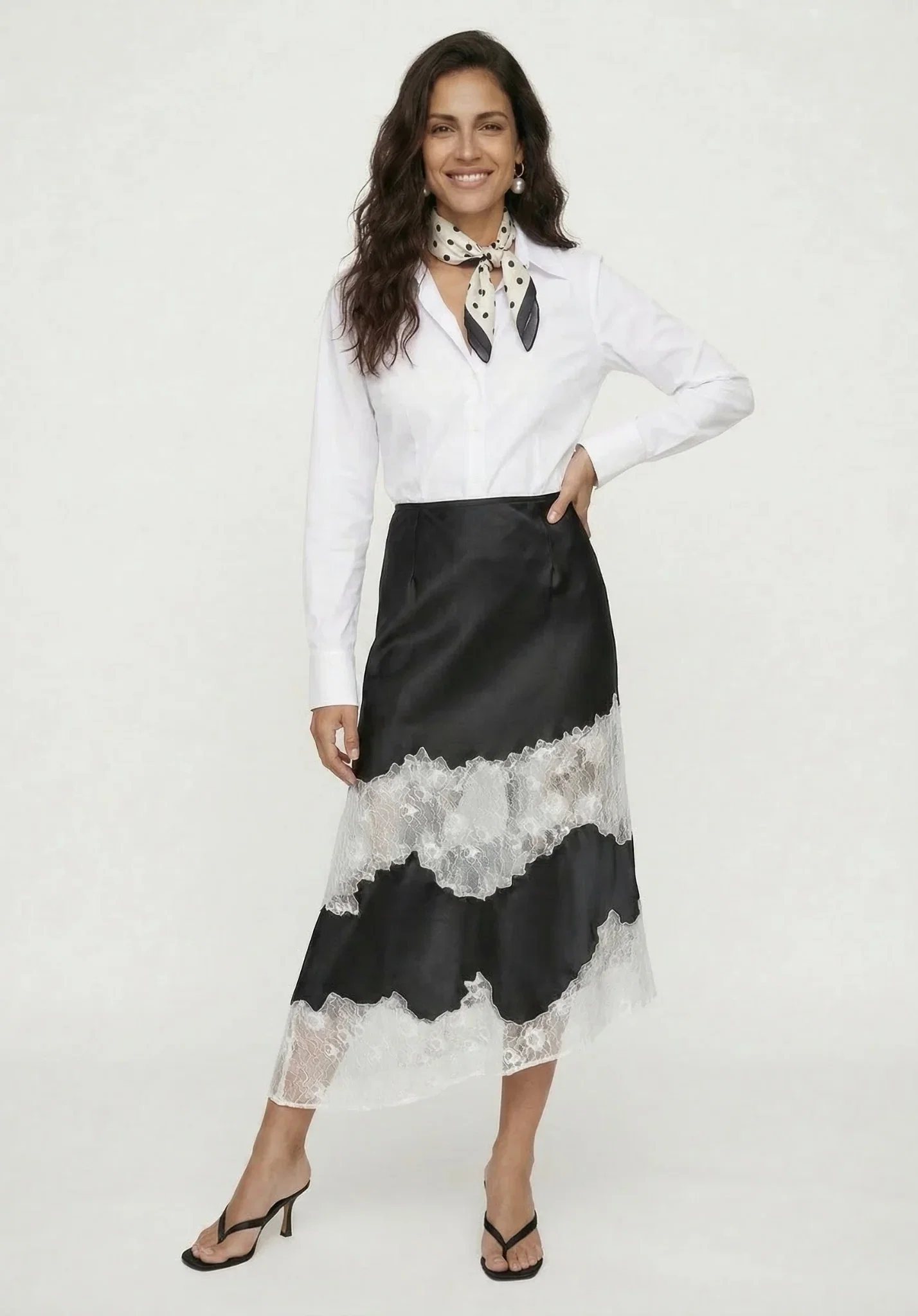 Image of PREORDER Elenor Lace Insert Midi Skirt In Black And Ecru