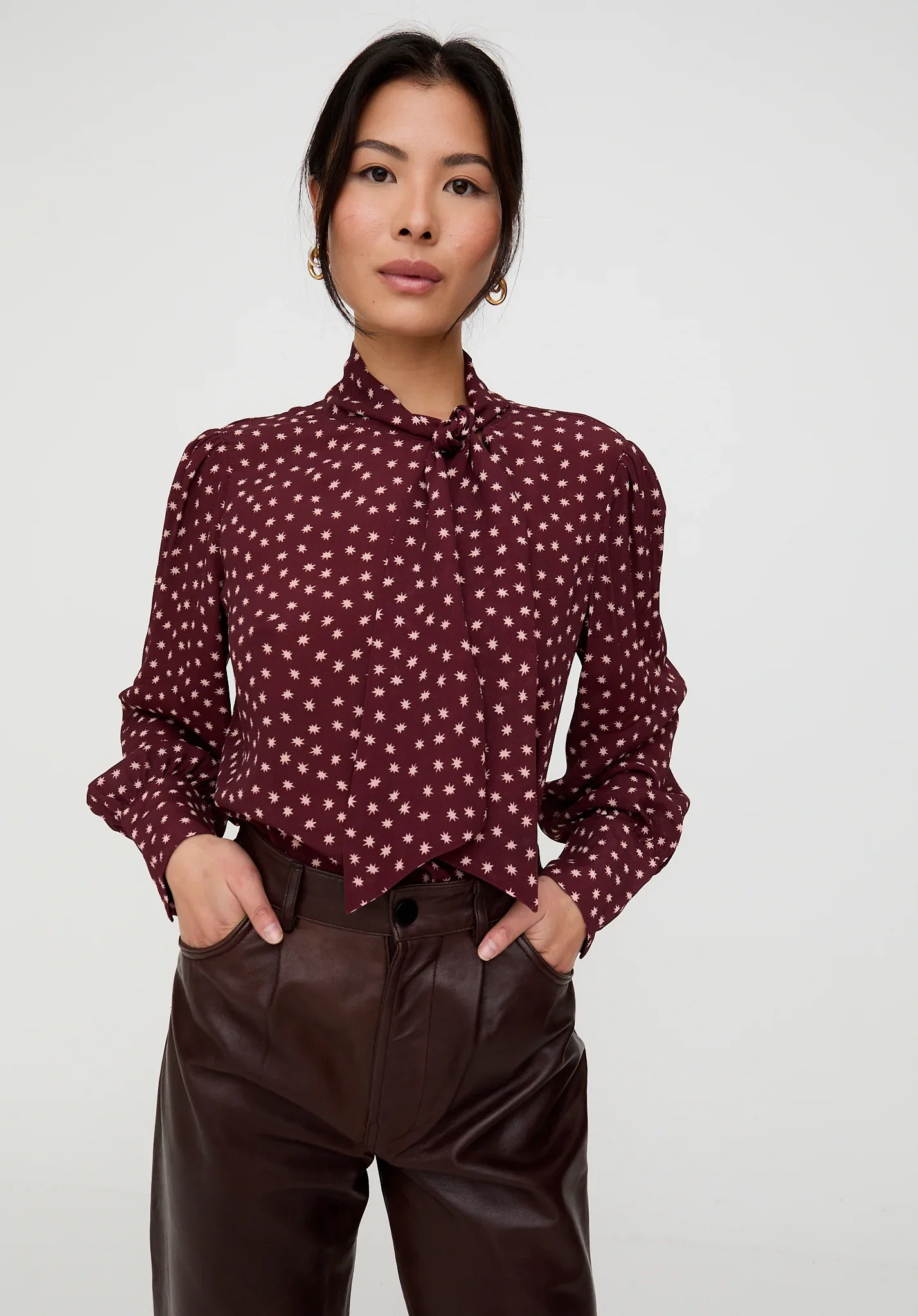 Image of Fifi Pussybow Star Print Blouse In Burgundy
