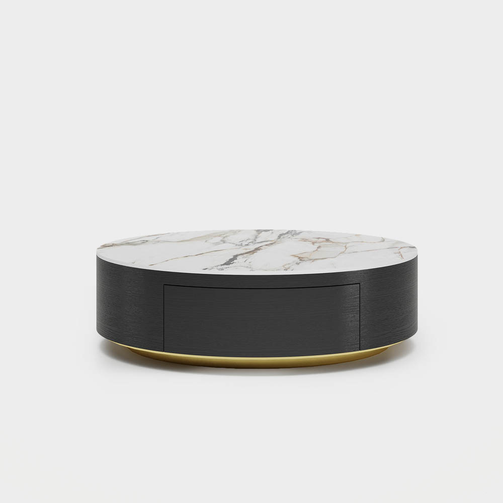 Image of Round Drum Sintered Stone Coffee Table with 2 storages, Modern Wood Coffee Table, Fully Assembled