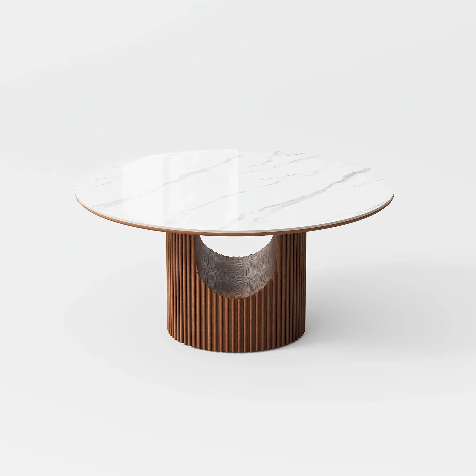 Image of Mid-Century Modern Round Wood Dining Table for 4/6, Fluted Round Dining Table, Walnut Color Solid Wood Dining Table,  Glossy White Sintered Stone Table with Tambour Dining Table Base