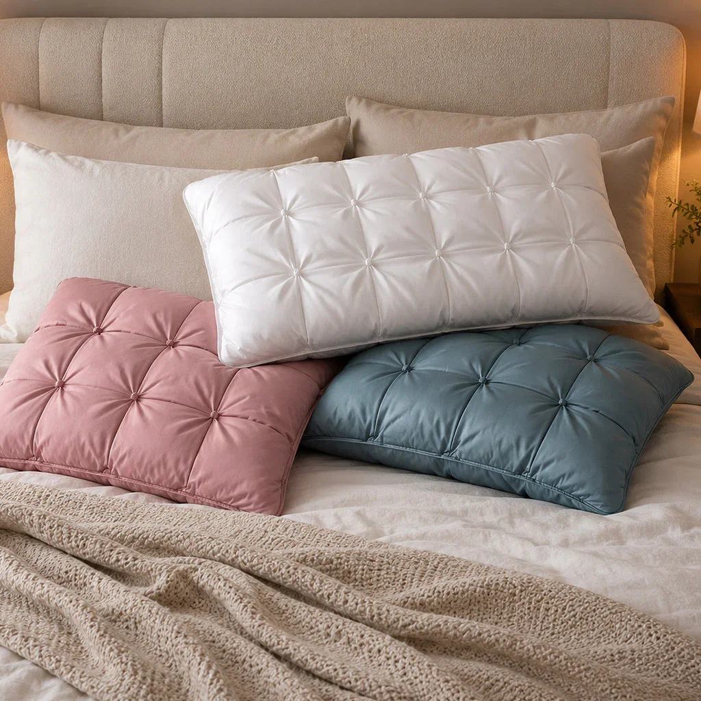 Dreamtech pillows in white, pink, and blue with quilted diamond patterns arranged on a beige bed with textured headboard.