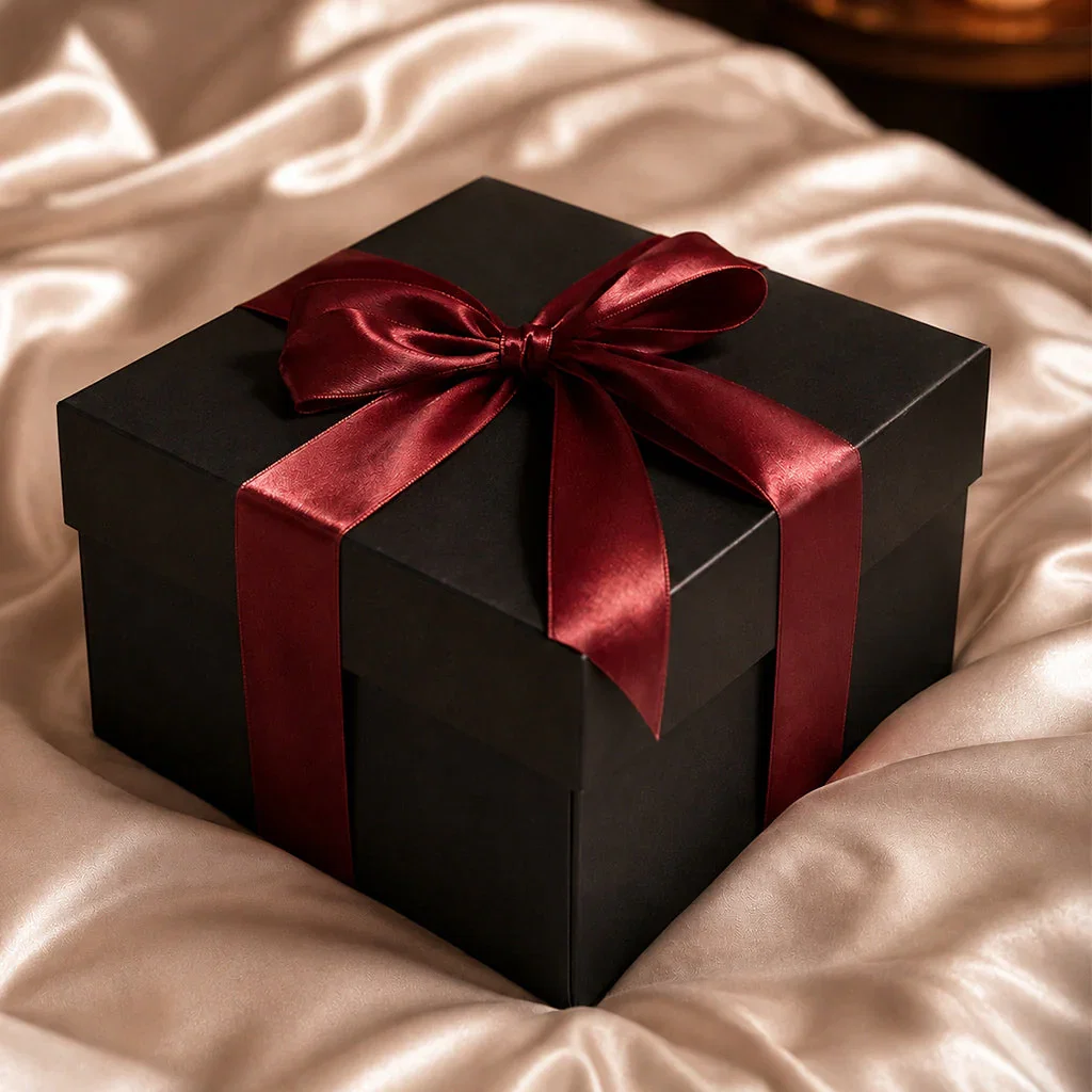 Elegant black gift box with burgundy satin bow on cream silk fabric background