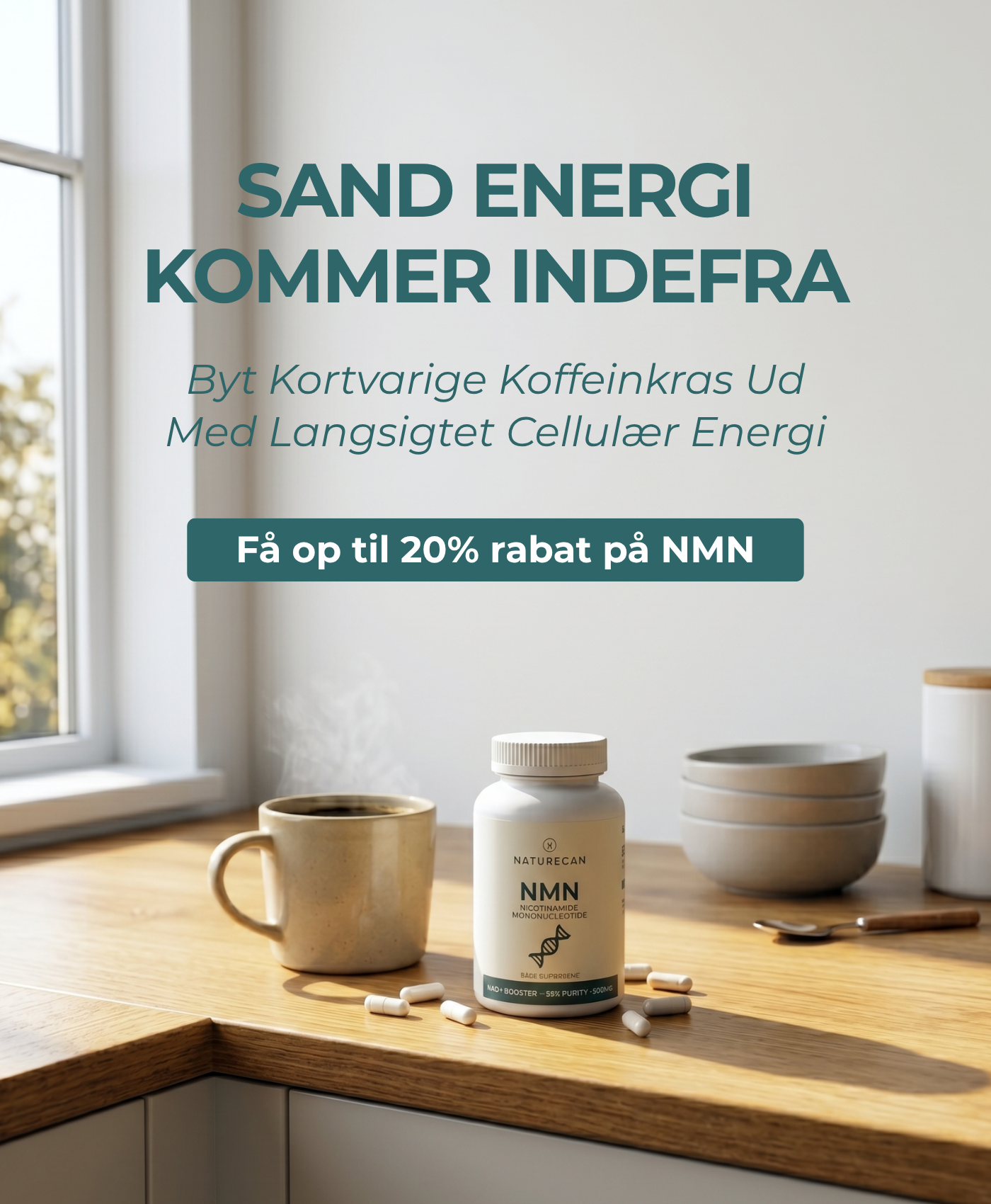 Skift de kortvarige koffeindip ud med langvarig cellulær energi. Op til 20% rabat på NMN