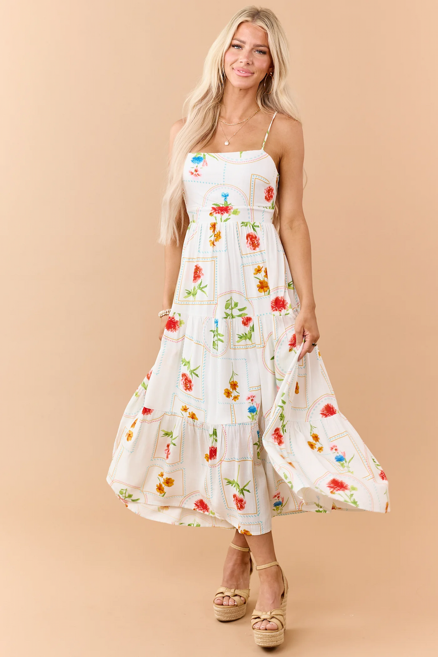 Off White Floral Print Open Back Maxi Dress