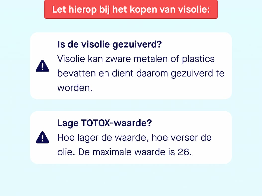 Let hierop bij het kopen van visolie: Is de visolie gezuiverd? Visolie kan zware metalen of plastics bevatten en dient daarom gezuiverd te worden. Lage TOTOX-waarde? Hoe lager de waarde, hoe verser de olie. De maximale waarde is 26.
