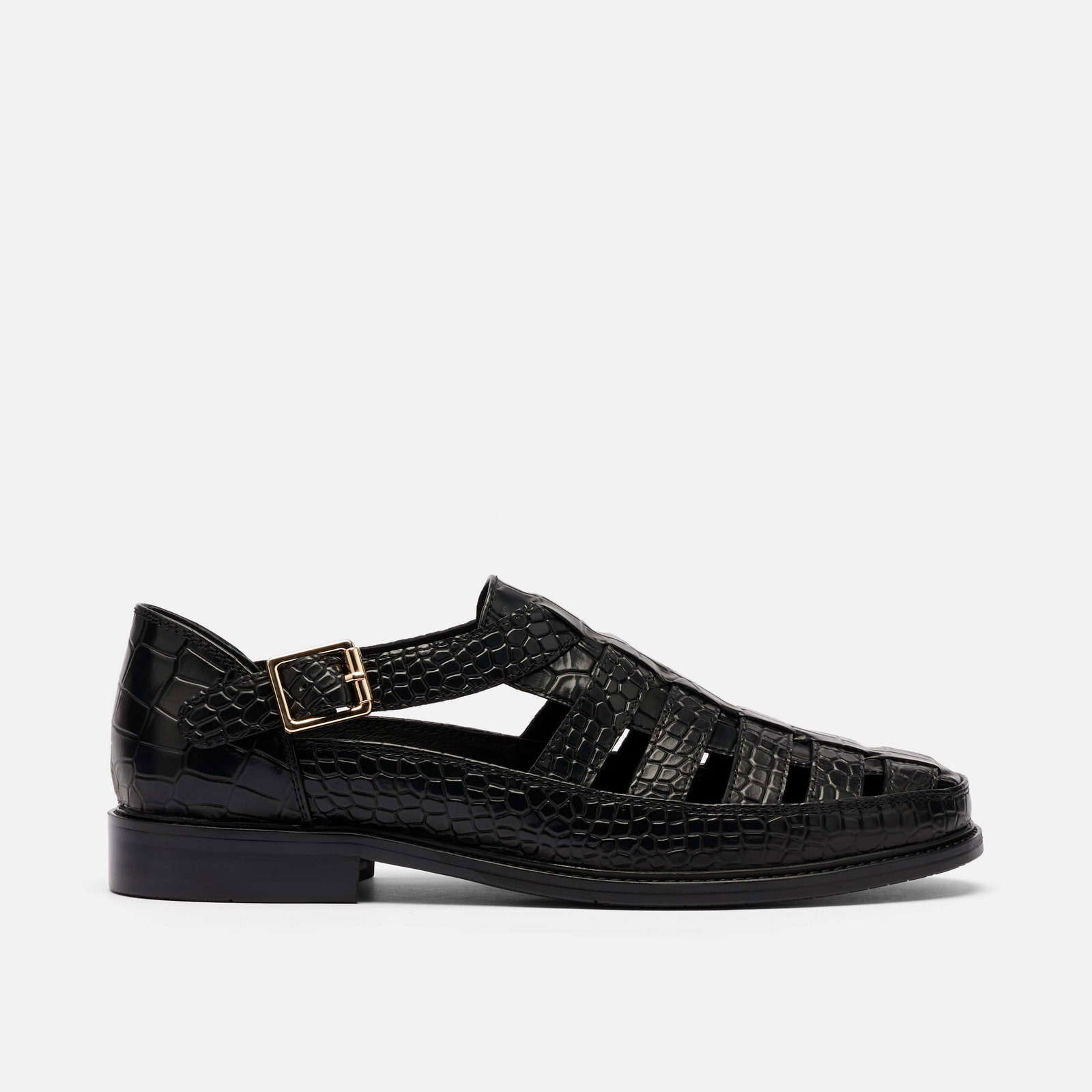 Image of Mariner Black Crocskin Leather Fisherman Sandals