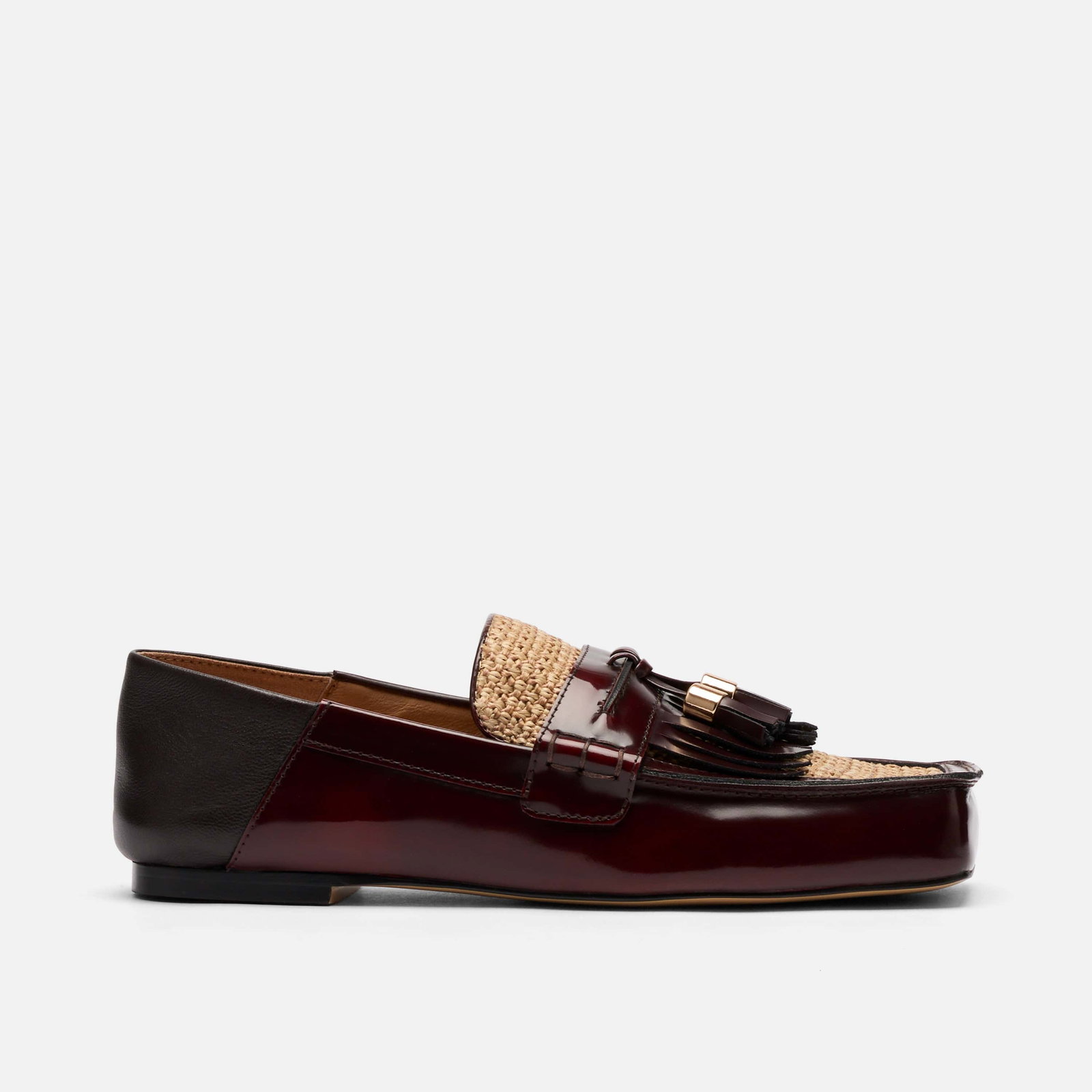 Image of Simone Burgundy/Raffia Patent Leather Tassel Loafers