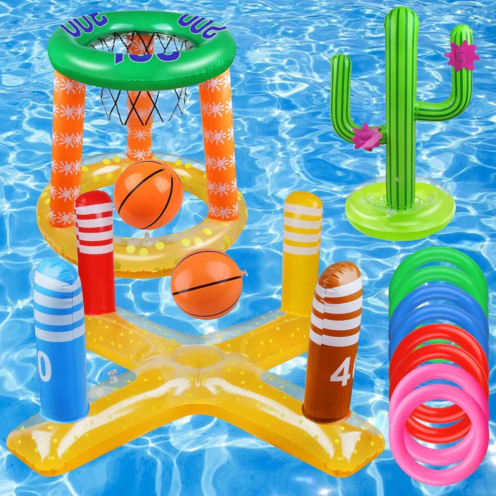 Inflatable Pool Games Set with Basketball Hoop Rings, Toss Games, and Balls