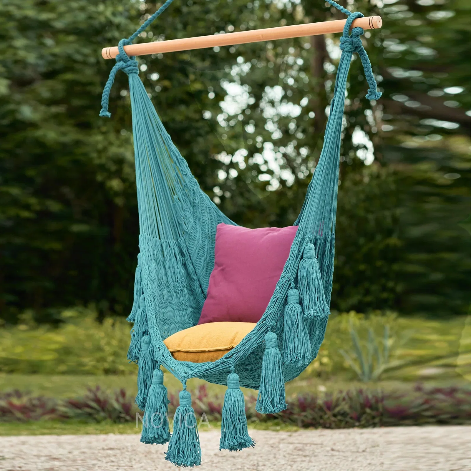 Image of Tasseled Cotton Rope Mayan Hammock Swing in Teal from Mexico - Ocean Seat in Turquoise