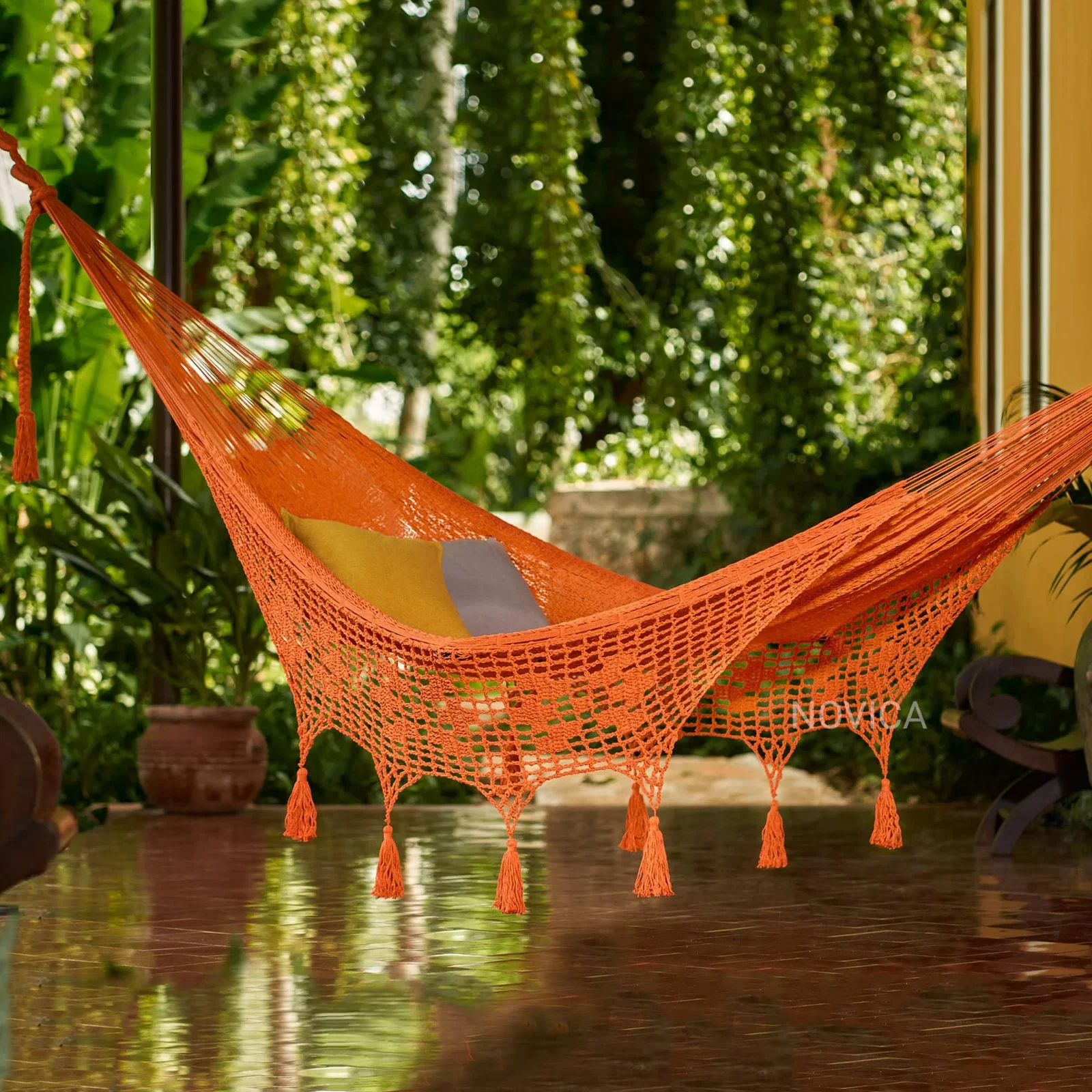 Image of Orange Tasseled  Cotton Hammock (Single) From Mexico - Veranda in Orange