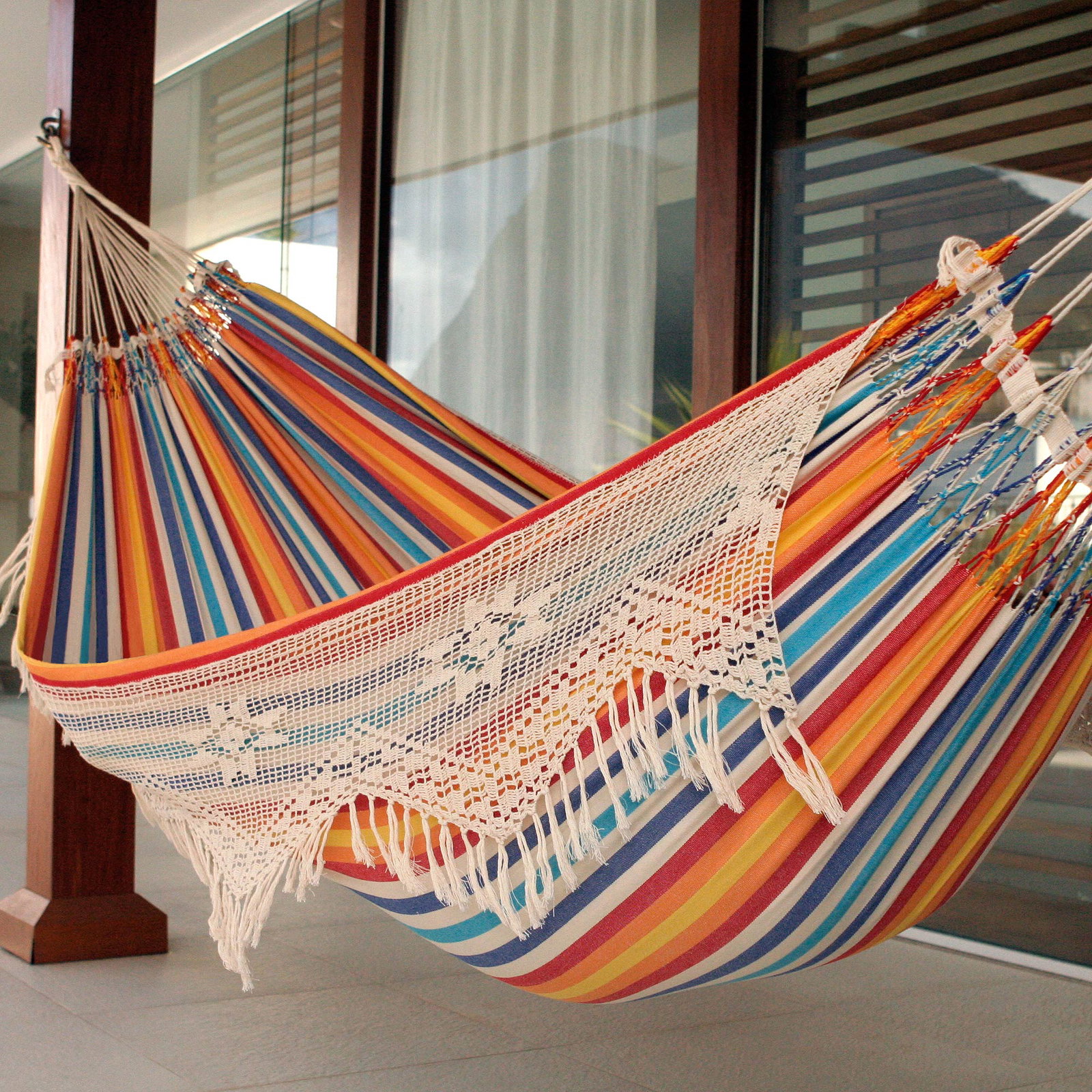 Image of Artisan Crafted Cotton Striped Hammock (Double) - Festive Brazil