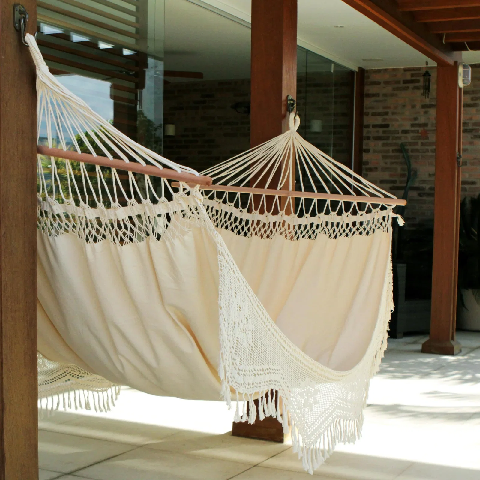 Image of Brazilian Cotton Hammock with Crocheted Fringe (Single) - Tropical Nature