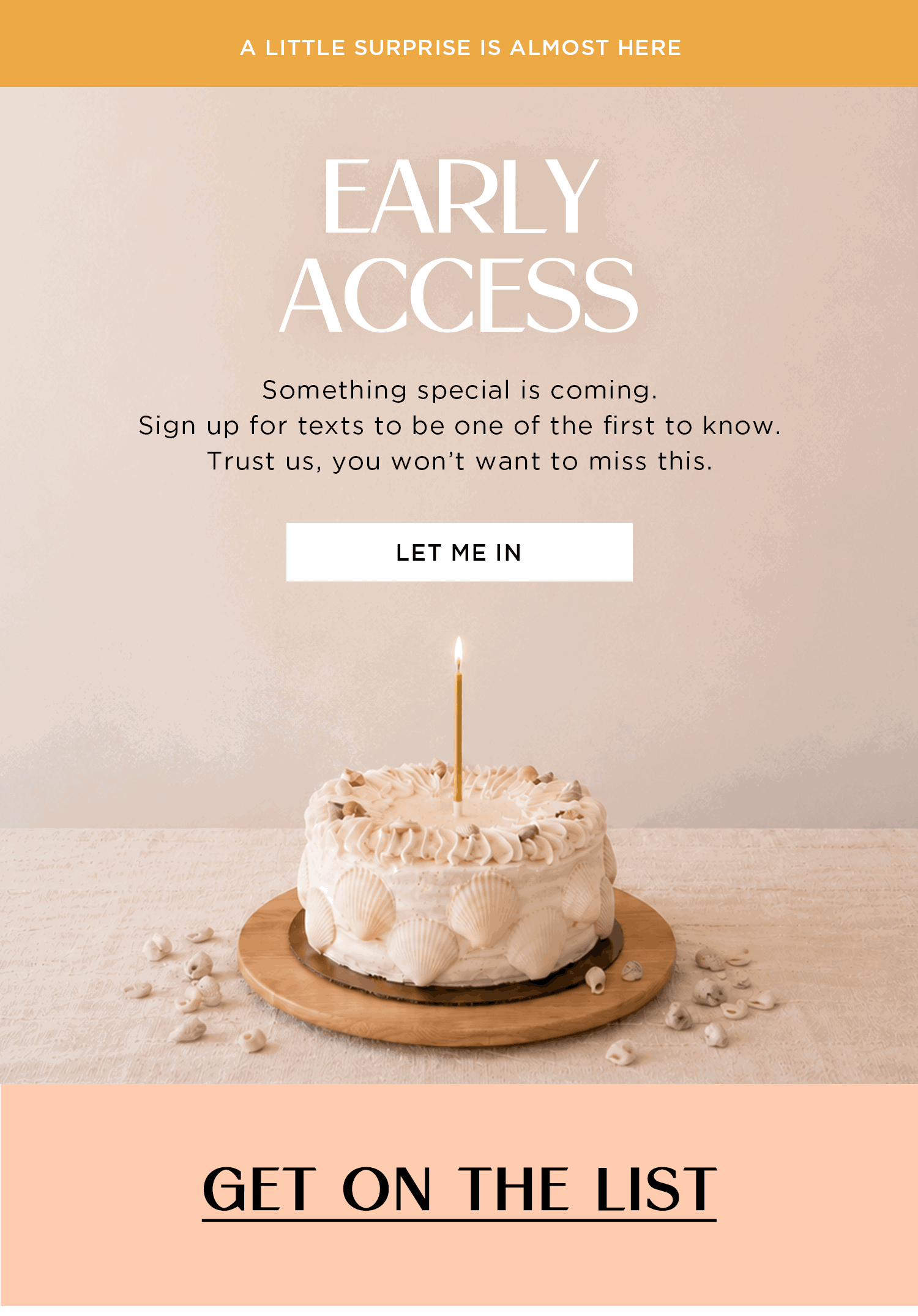 A LITTLE SURPRISE IS ALMOST HERE | EARLY ACCESS | Something special is coming. Sign up for texts to be one of the first to know. Trust us, you won't want to miss this. | LET ME IN | GET ON THE LIST
