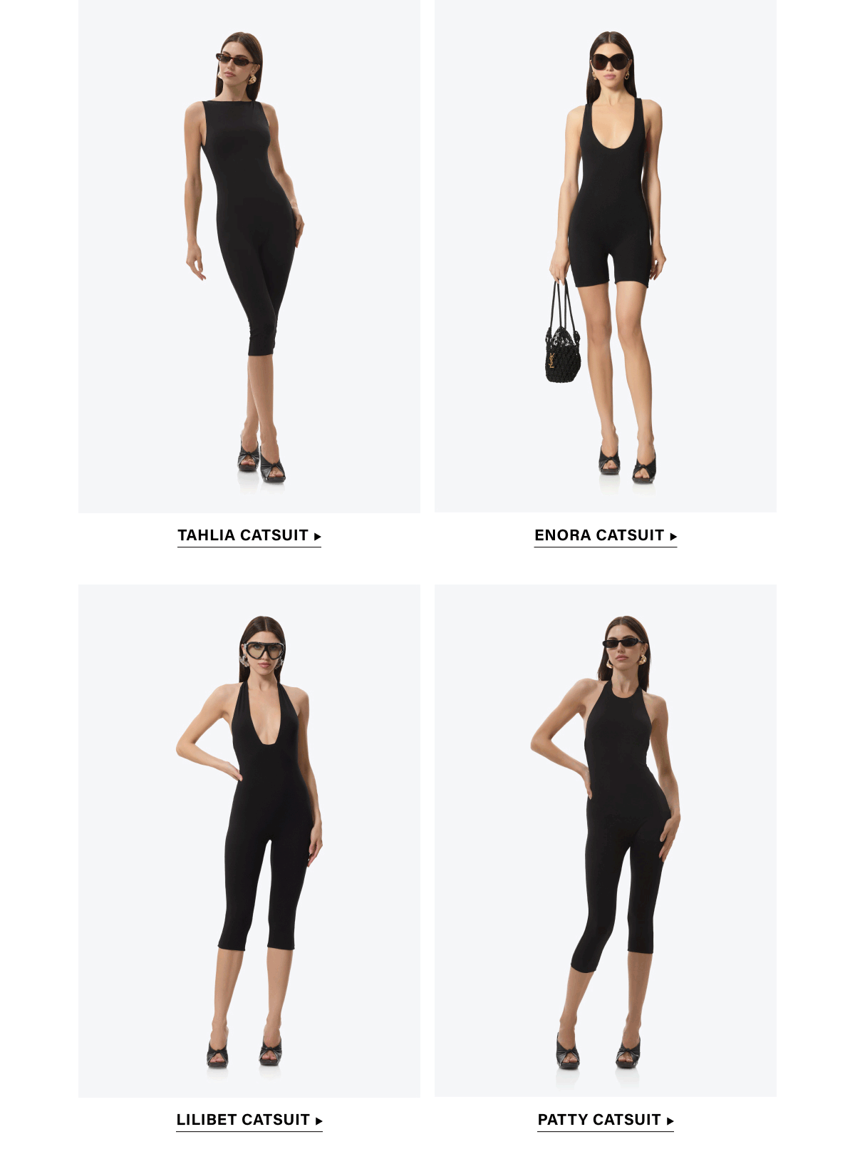 TAHLIA, ENORA, LILIBET AND PATTY CATSUITS IN NOIR AND CAPPUCCINO