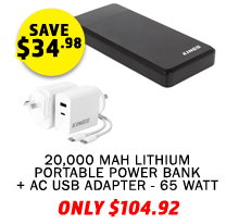 20000 mAH Lithium Portable Power Bank + AC USB Adapter - 65 Watt