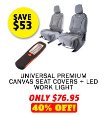 Universal Premium Canvas Seat Covers (Pair) + LED Work Light