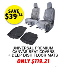 Universal Premium Canvas Seat Covers (Pair) + Deep Dish Floor Mats (4 Pack)