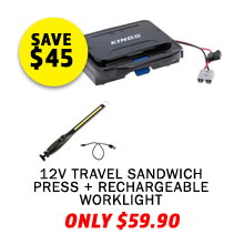 12V Travel Sandwich Press + Rechargeable Lithium LED Worklight