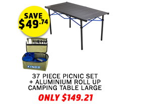 Aluminium Roll Up Camping Table Large + Picnic Set - 37 Piece