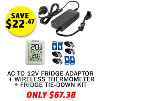 AC To 12V Fridge Adaptor + Wireless Fridge Thermometer + Fridge Tie-Down Kit (4-Pack)