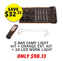 Complete 5 Bar Camp Light Kit + Orange LED Camp Light Extension Kit + Illuminator 24 LED Work Light