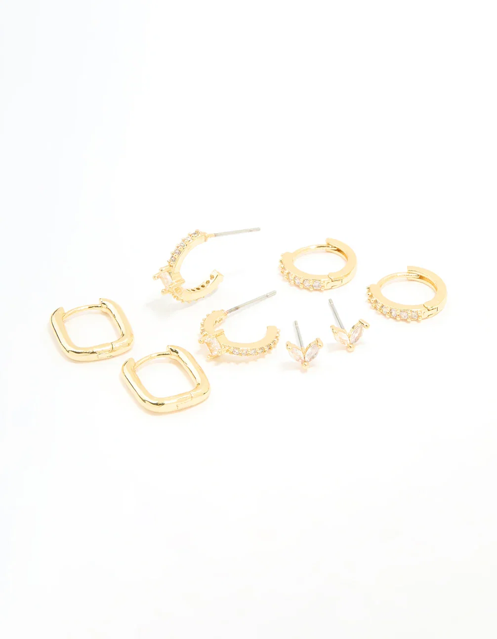 Image of Gold Plated Brass Cubic Zirconia & Plain Rectangle Earrings 4-Pack