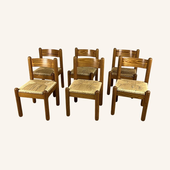 Straw & Oak Chair Set, 1960s