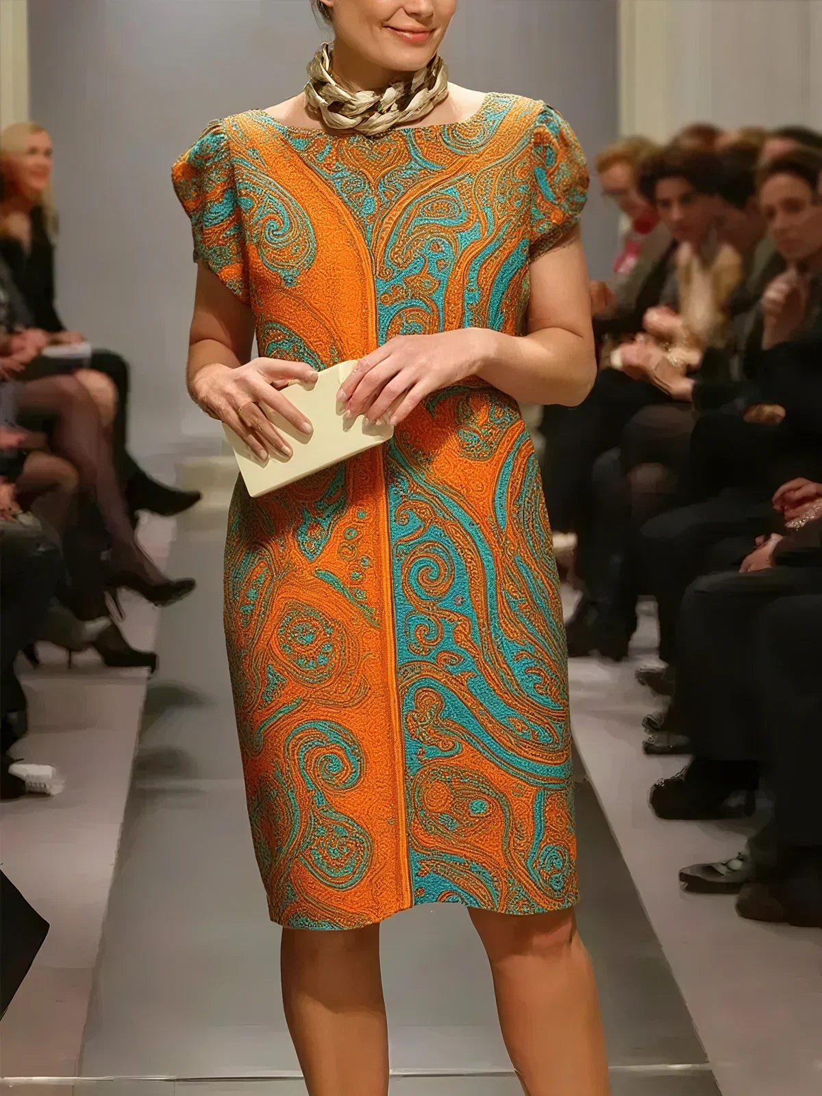 Image of Elegant Paisley Printing Crew Neck Knee Length Dress