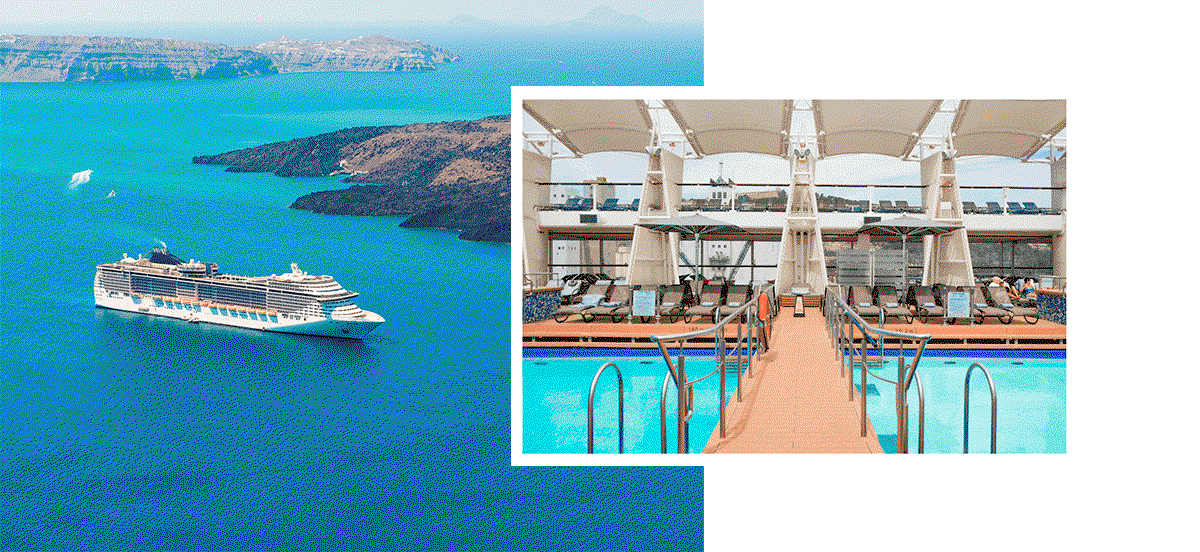 Cruise ship sailing through turquoise Mediterranean waters with an animated collage of luxury onboard cruise settings.