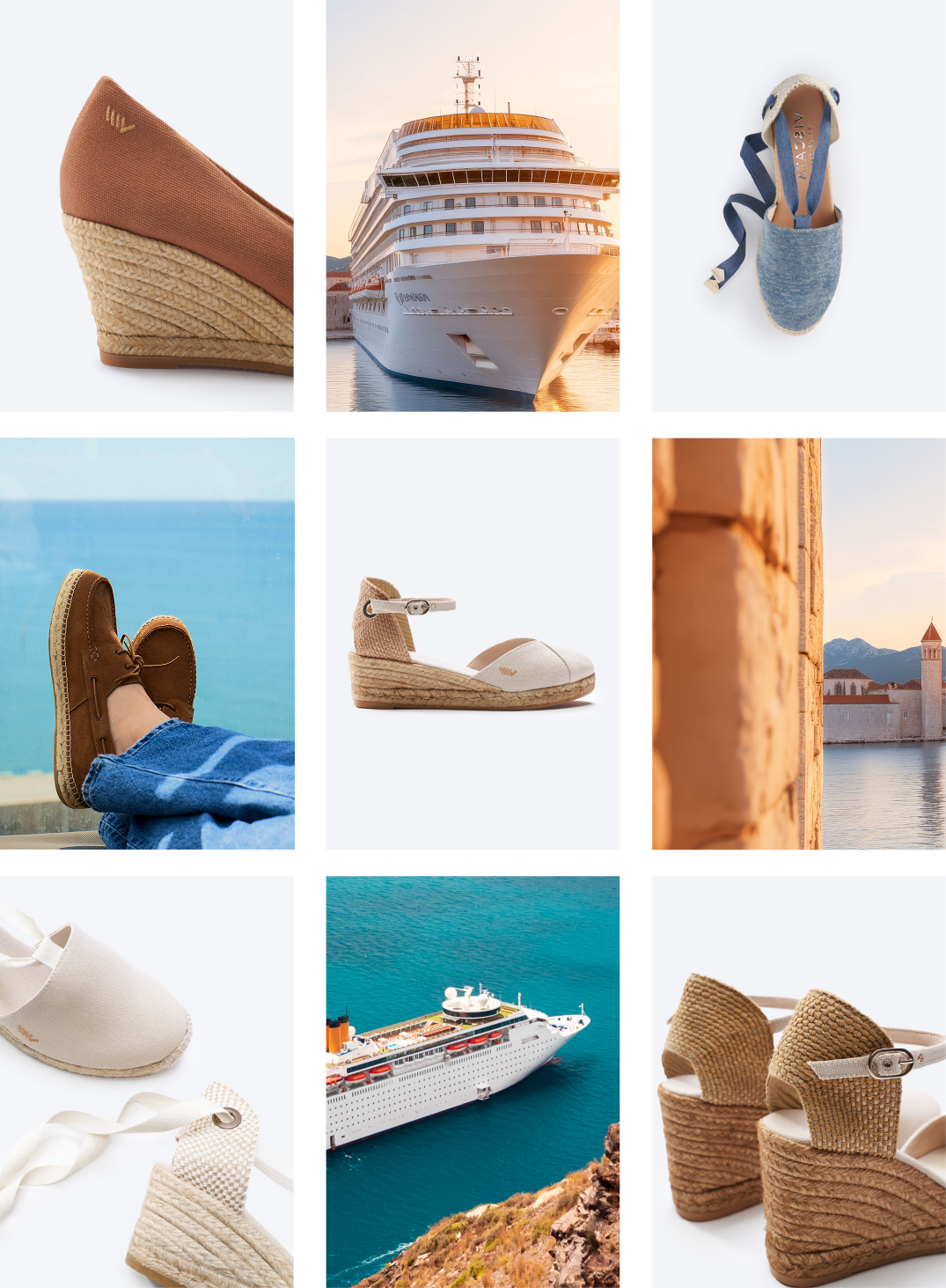 Editorial collage featuring espadrilles, cruise-inspired imagery, and Mediterranean travel scenes in collaboration with Starboard Group.