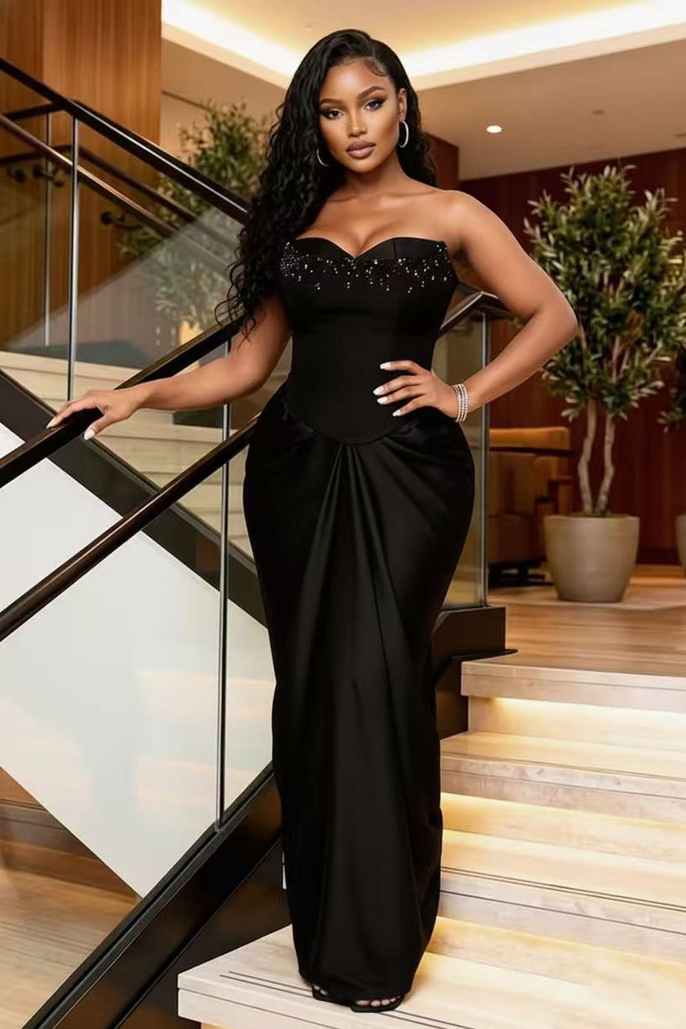 Strapless Cinch Waist Solid Color Fishtail Maxi Dresses-Black [Pre Order]