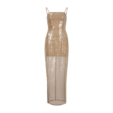 Beige Spaghetti Long Sequin Dress