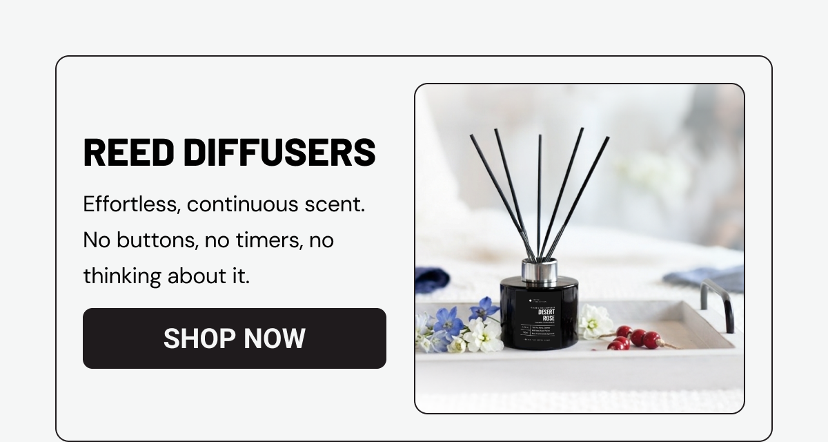 Reed diffusers category. Effortless, continuous scent. No buttons, no timers, no thinking about it.